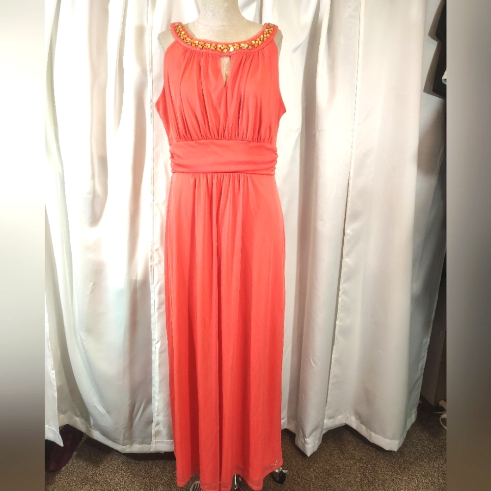En Focus Column Maxi Dress, Orange+ Clear Jewels, Sleeveless, Pleated Bust, 14